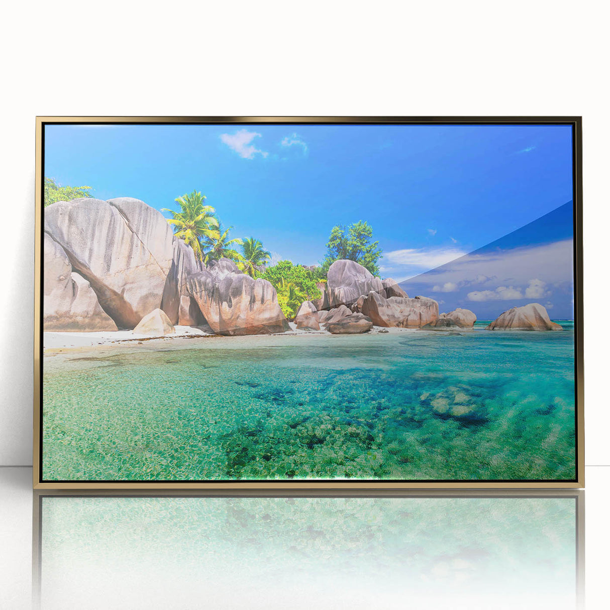 Framed wall art collection showcasing a coastal beach landscape with vibrant colors and golden acrylic frame, perfect for enhancing modern home decor.