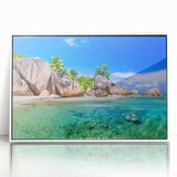 Framed wall art collection depicting serene beach landscapes, featuring vibrant colors and intricate details, displayed against a white background.