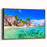 Framed black canvas wall art showcasing a serene beach landscape with vibrant colors, perfect for home decor, enhancing relaxation and tranquility.