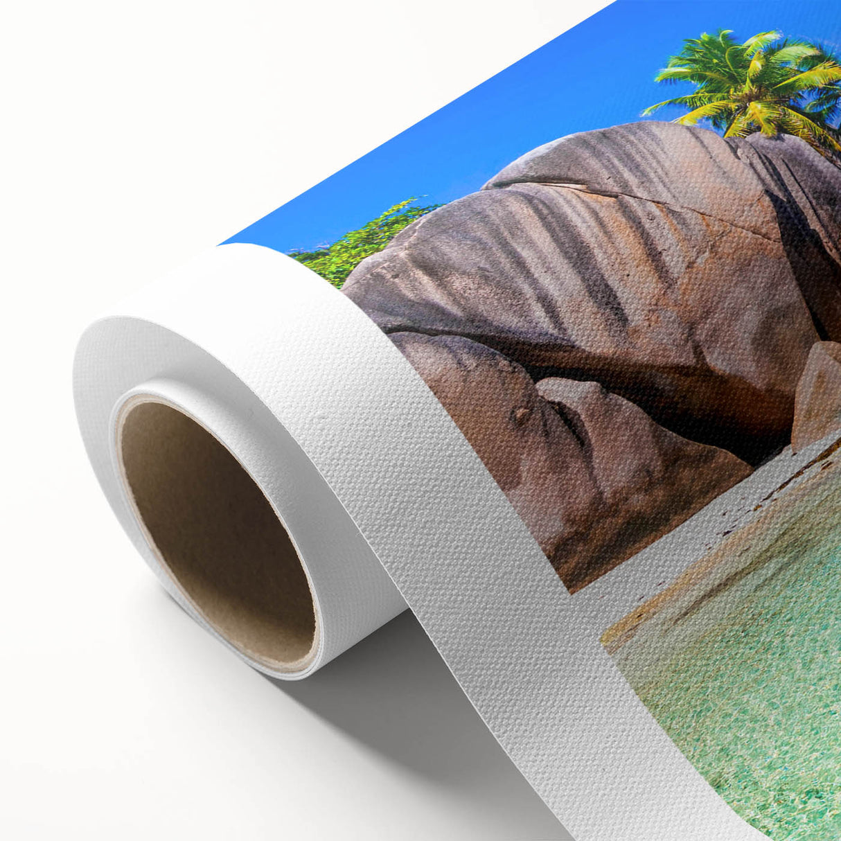 Vibrant rolled canvas wall art showcasing a serene beach landscape with soft waves and a colorful sunset, ideal for enhancing home decor aesthetics.