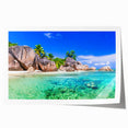 Vibrant rolled print of a beach landscape showcasing gentle waves and a clear blue sky, perfect for coastal-themed home decor or wall art collection.