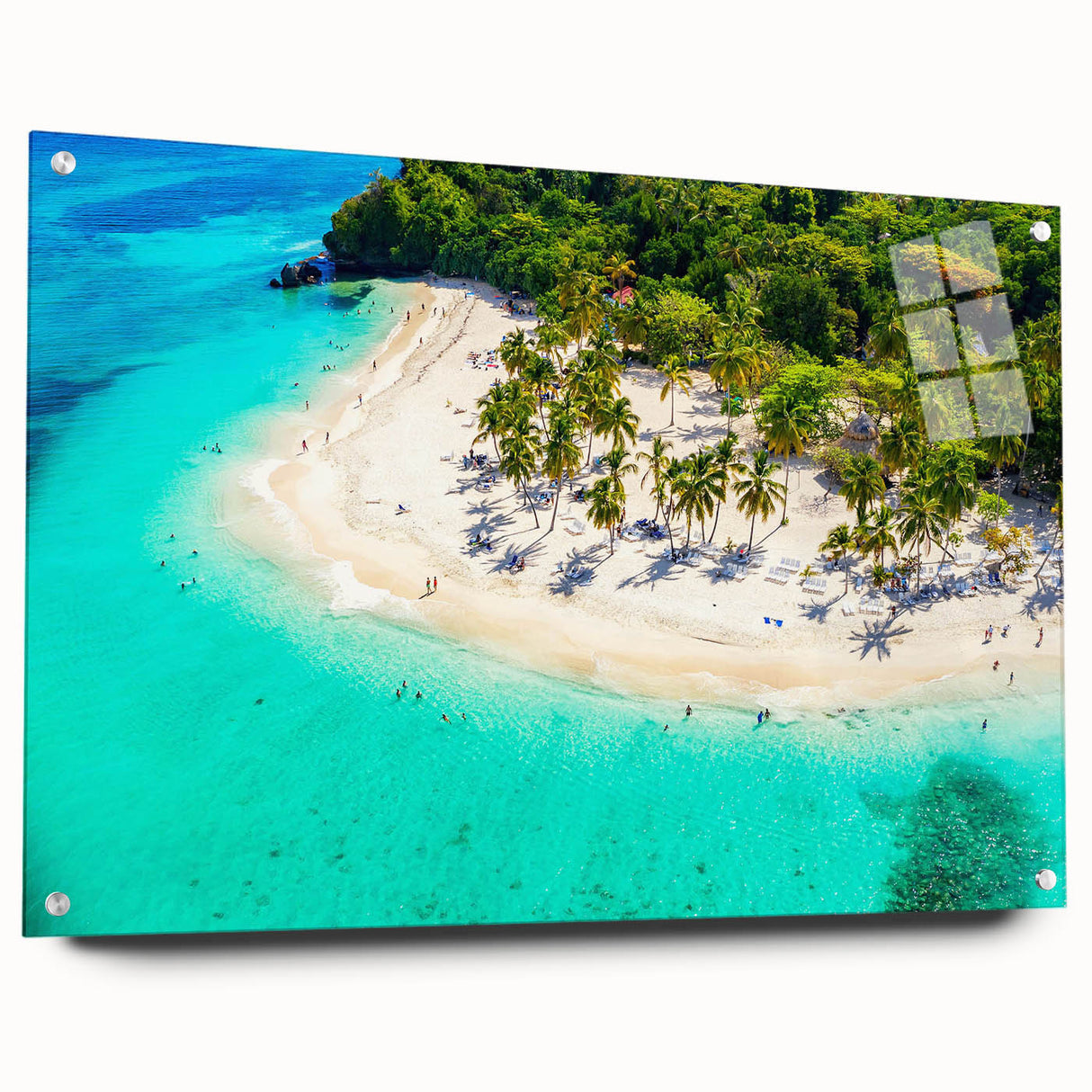 Acrylic glass wall art collection showcasing a vibrant beach landscape design, displayed at a side view with decorative pins, perfect for modern home decor.