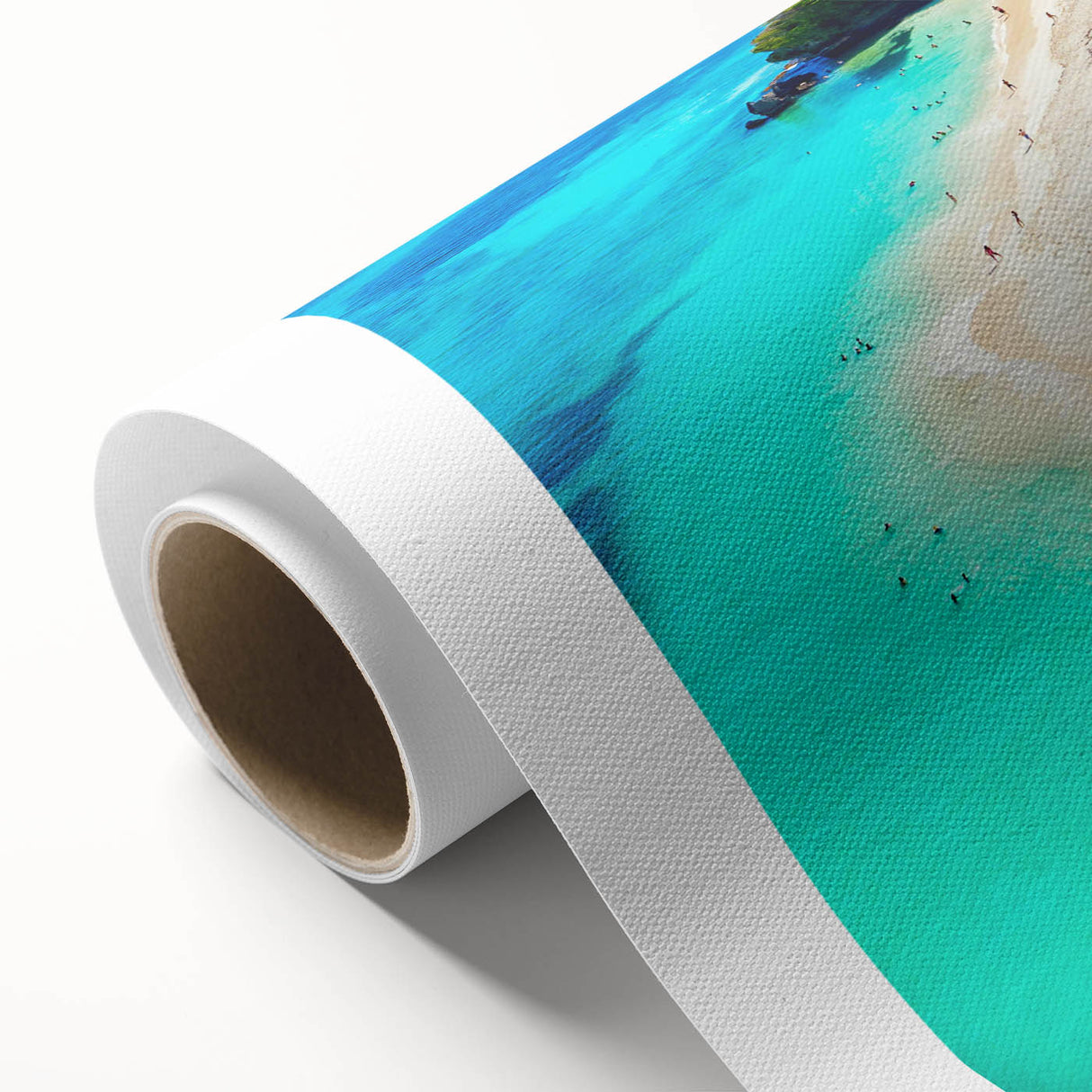 Vibrant rolled canvas wall art showcasing a serene beach landscape with soft waves and a colorful sunset, ideal for home decor and artistic spaces.