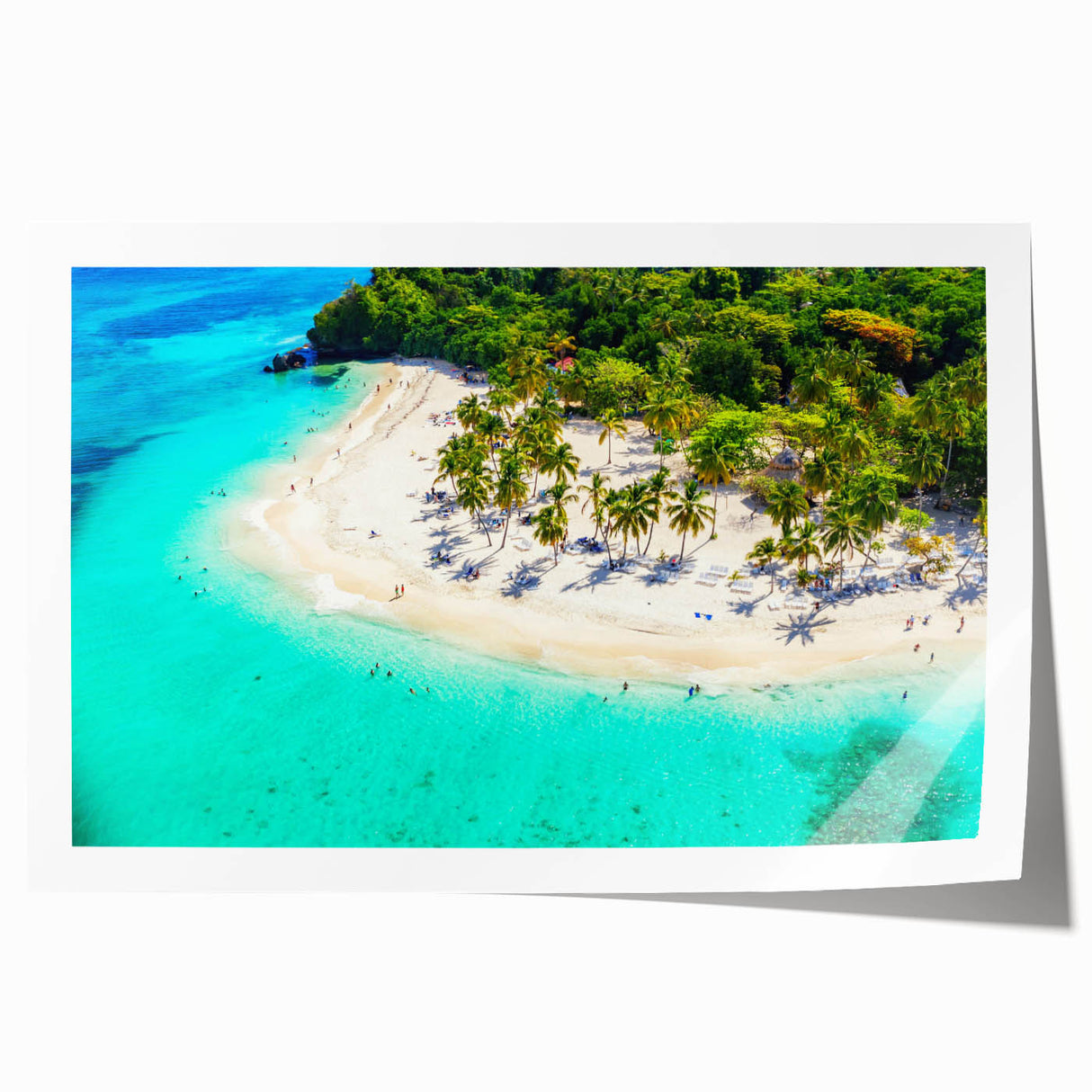 Vibrant rolled print of a coastal landscape featuring serene beaches and gentle waves, ideal for home decor. Showcases calming blues and sandy tones for a tranquil ambiance.