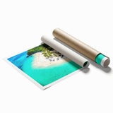 Vibrant rolled print showcasing a serene beach landscape with golden sands and turquoise waves, ideal for coastal-themed decor or wall art collection.