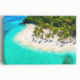 Stretched canvas wall art showcasing a serene beach landscape with vibrant blue water and golden sand, perfect for coastal decor and relaxation themes.