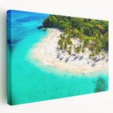 Stretched canvas wall art showcasing a serene beach landscape with vibrant colors and calming waves, designed to enhance home decor aesthetics.