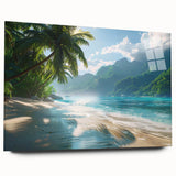 Acrylic glass wall art showcasing a serene beach landscape design, featuring vibrant colors and intricate details, displayed from a side view without pins. Perfect addition to elevate home decor.