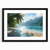 Framed black wall art showcasing a serene beach landscape, featuring soft pastel colors and a matte finish, ideal for enhancing modern home decor.