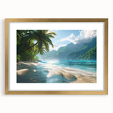 Elegant wall art collection showcasing a picturesque beach landscape framed in gold with a mat, perfect for interior decor. Ideal for coastal themes and home aesthetics.
