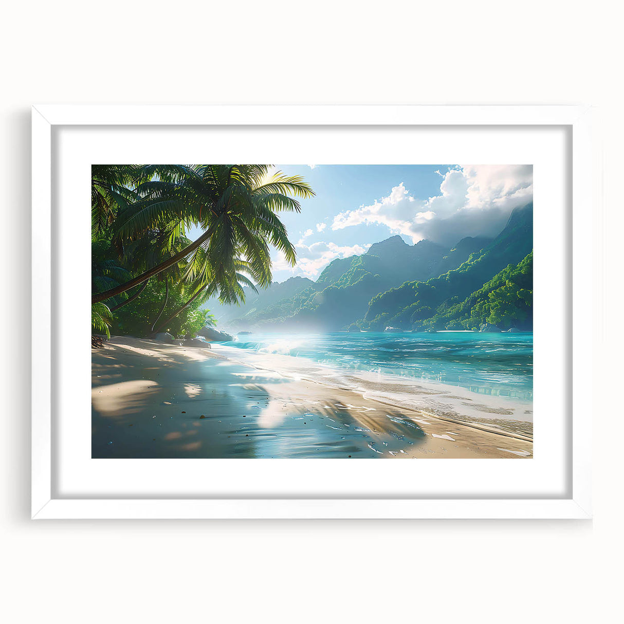 Framed wall art featuring a serene beach landscape design with soft pastel colors, complemented by a white mat and sleek frame, ideal for home decor.