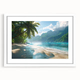 Framed wall art featuring a serene beach landscape design with soft pastel colors, complemented by a white mat and sleek frame, ideal for home decor.