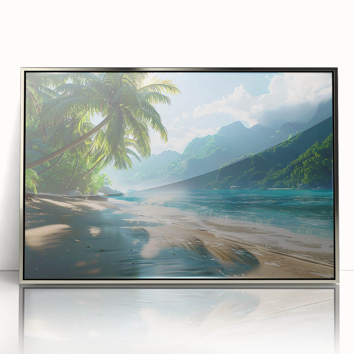 Framed acrylic wall art showcasing a serene beach landscape design, featuring vibrant blue ocean hues and soft sandy colors, ideal for coastal home decor.