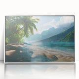 Framed wall art showcasing a serene beach landscape with vibrant blue skies and soft white sands, designed to enhance modern home decor.