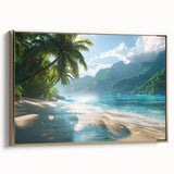 Framed canvas wall art showcasing a serene beach landscape with golden hues, perfect for modern home decor. Ideal for coastal-themed interior design.