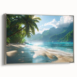 Framed canvas wall art featuring a serene beach landscape with vibrant colors, silver frame details, ideal for modern home decor. Perfect for beach lovers.