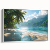 Framed canvas wall art showcasing a serene beach landscape with vibrant colors, designed for a calming coastal aesthetic, perfect for home decor.