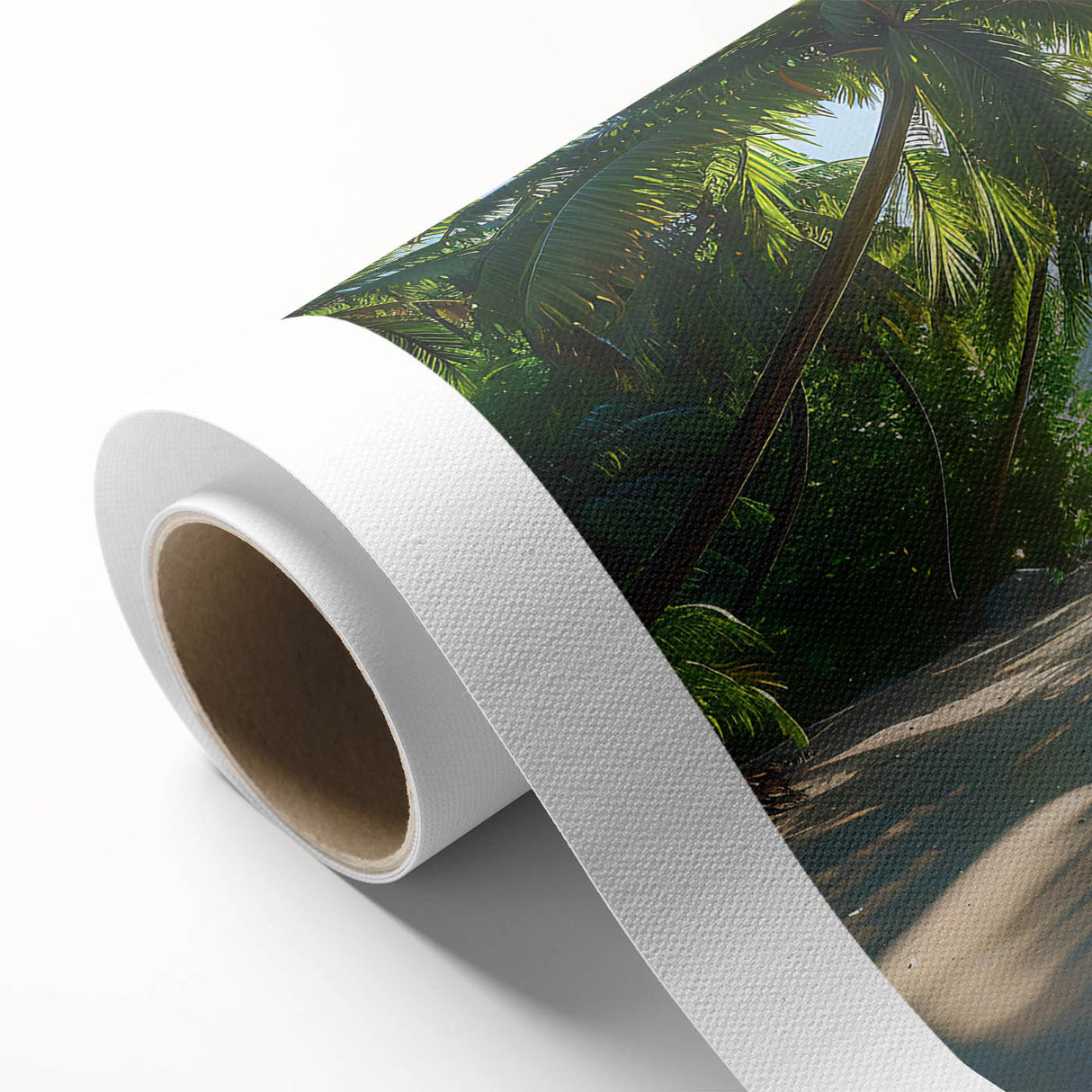 Stunning rolled canvas wall art depicting a serene beach landscape with vibrant colors, perfect for adding a tranquil vibe to any room's decor.