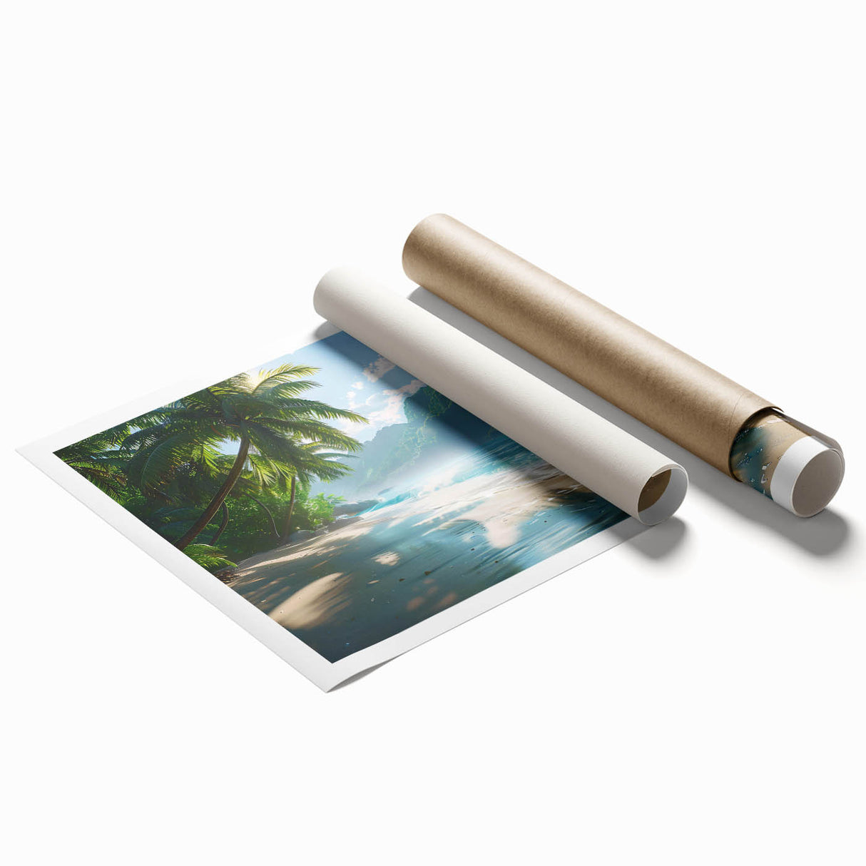 Vibrant landscape beach wall art print showcasing serene ocean waves and golden sand, rolled for easy storage and display, perfect for home decor enthusiasts.