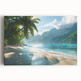 Stretched canvas wall art depicting a serene beach landscape with soft waves and a vibrant sunset, ideal for enhancing interior decor with a coastal theme.