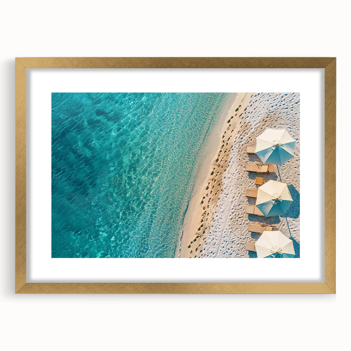 Framed wall art collection showcasing a serene beach landscape with vibrant colors, gold matting, and elegant frame, perfect for enhancing home decor.