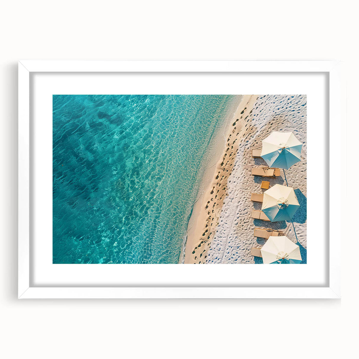 Framed landscape wall art featuring a serene beach scene with soft waves and a pastel sunset, presented in a white mat and frame for an elegant display.