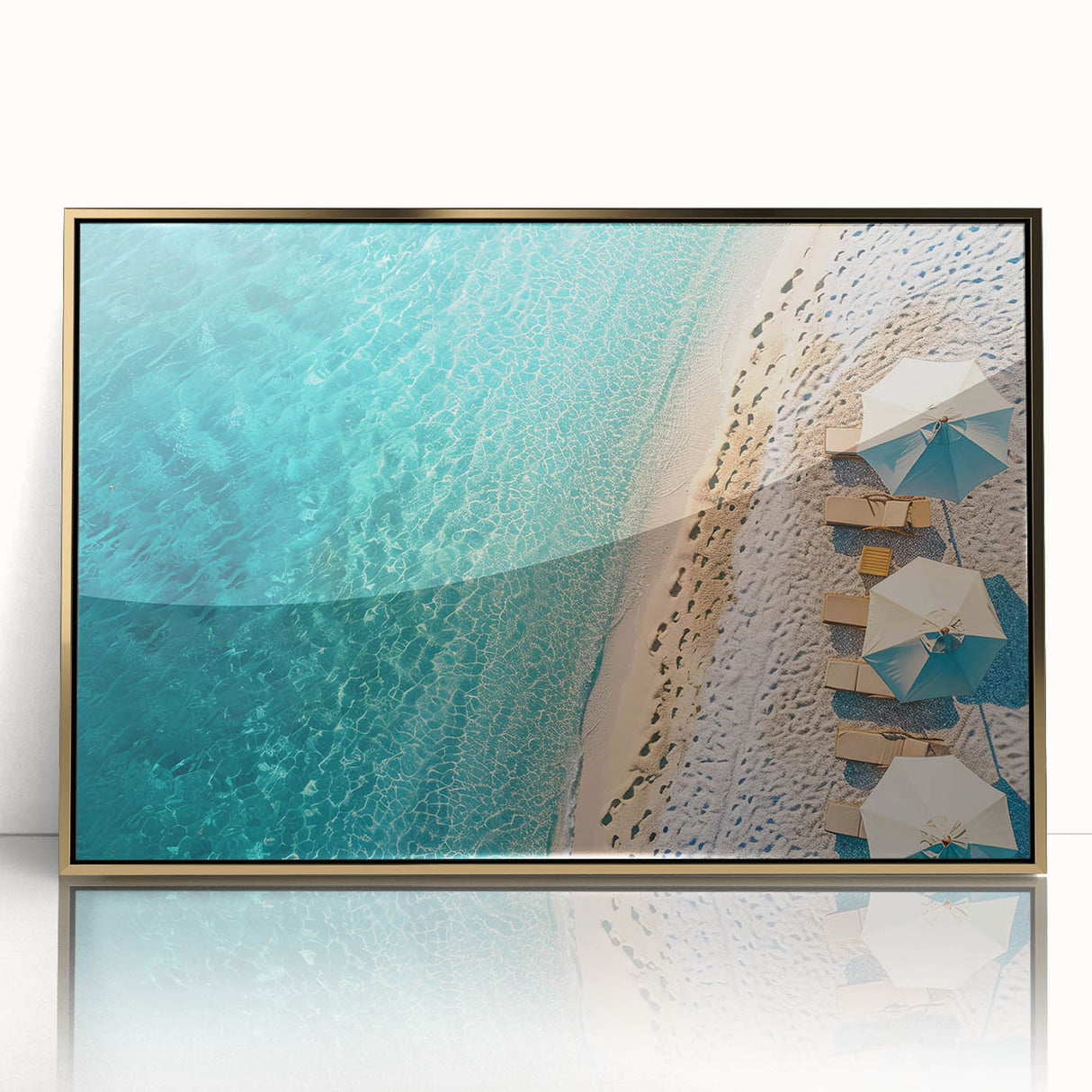 Framed acrylic wall art showcasing a serene beach landscape with golden hues, perfect for home decor or office ambiance, highlighting tranquility and nature's beauty.