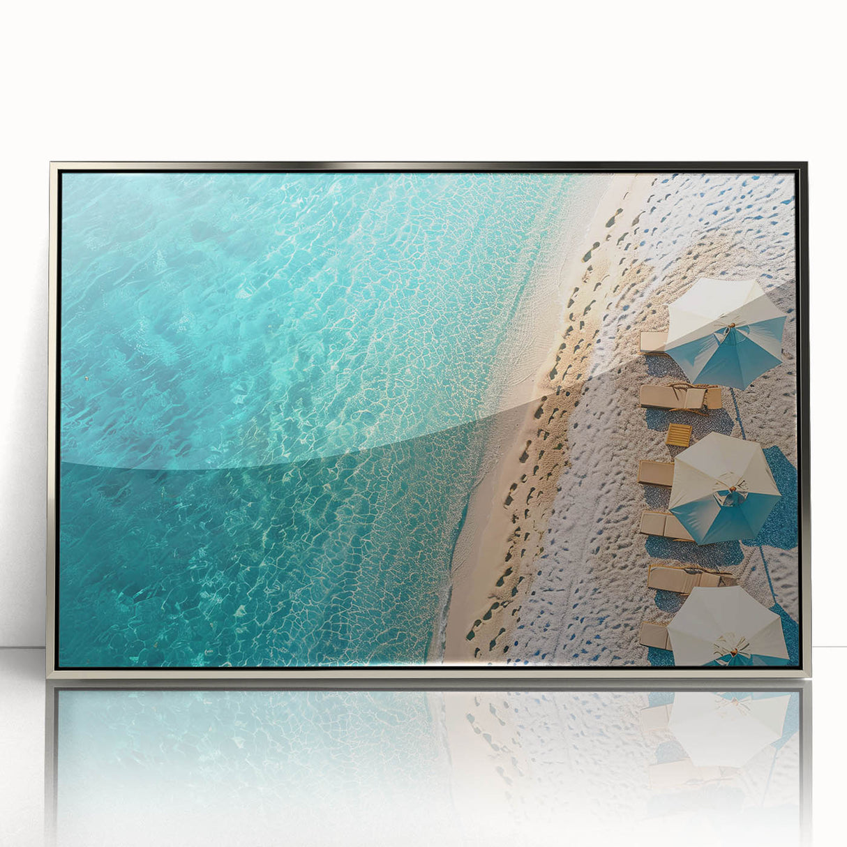 Framed acrylic wall art featuring a serene beach landscape design, with silver accents enhancing the modern aesthetic, ideal for home decor and relaxation.