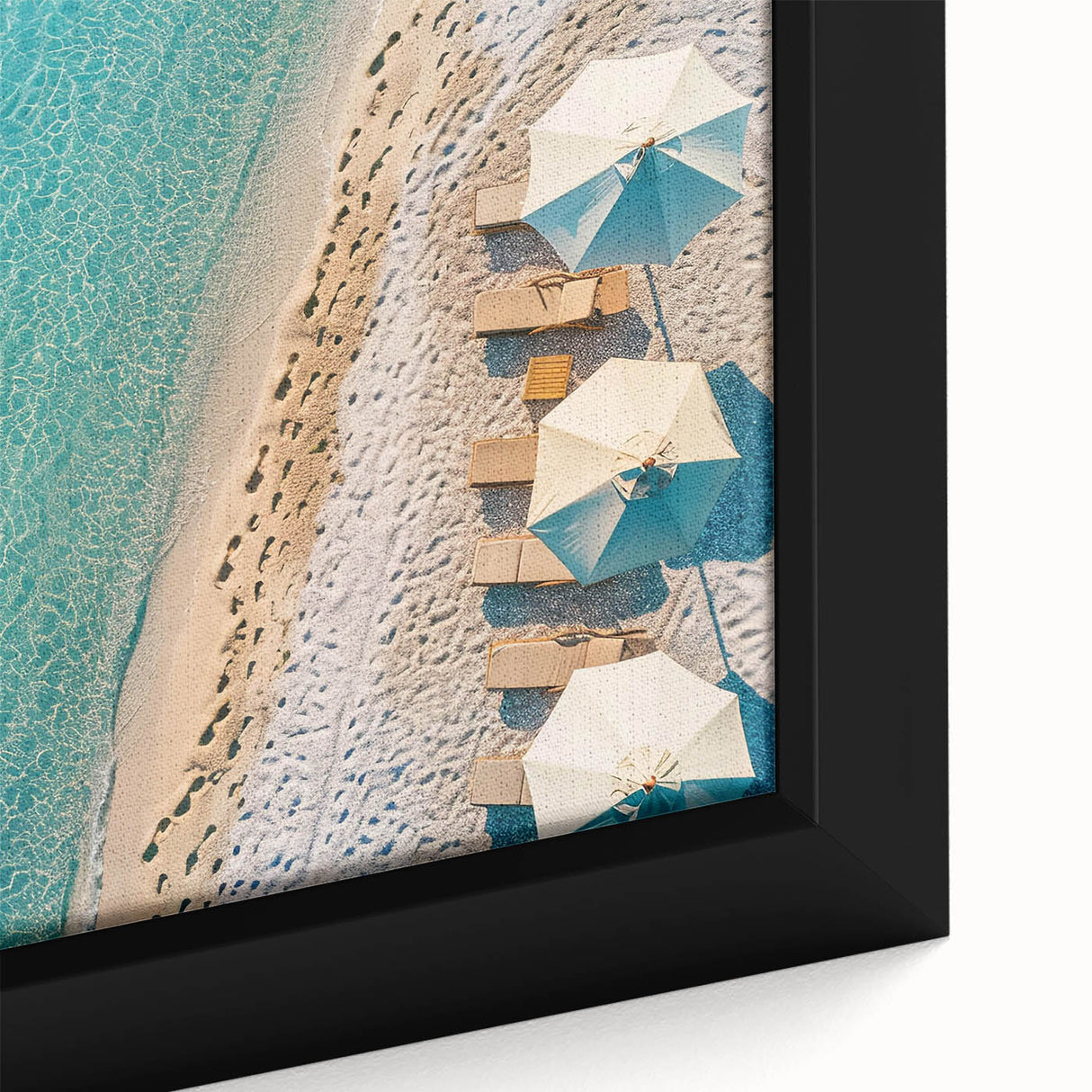 Close-up of a framed canvas wall art piece featuring a serene beach landscape with vibrant colors, perfect for home decor, evoking tranquility and relaxation.
