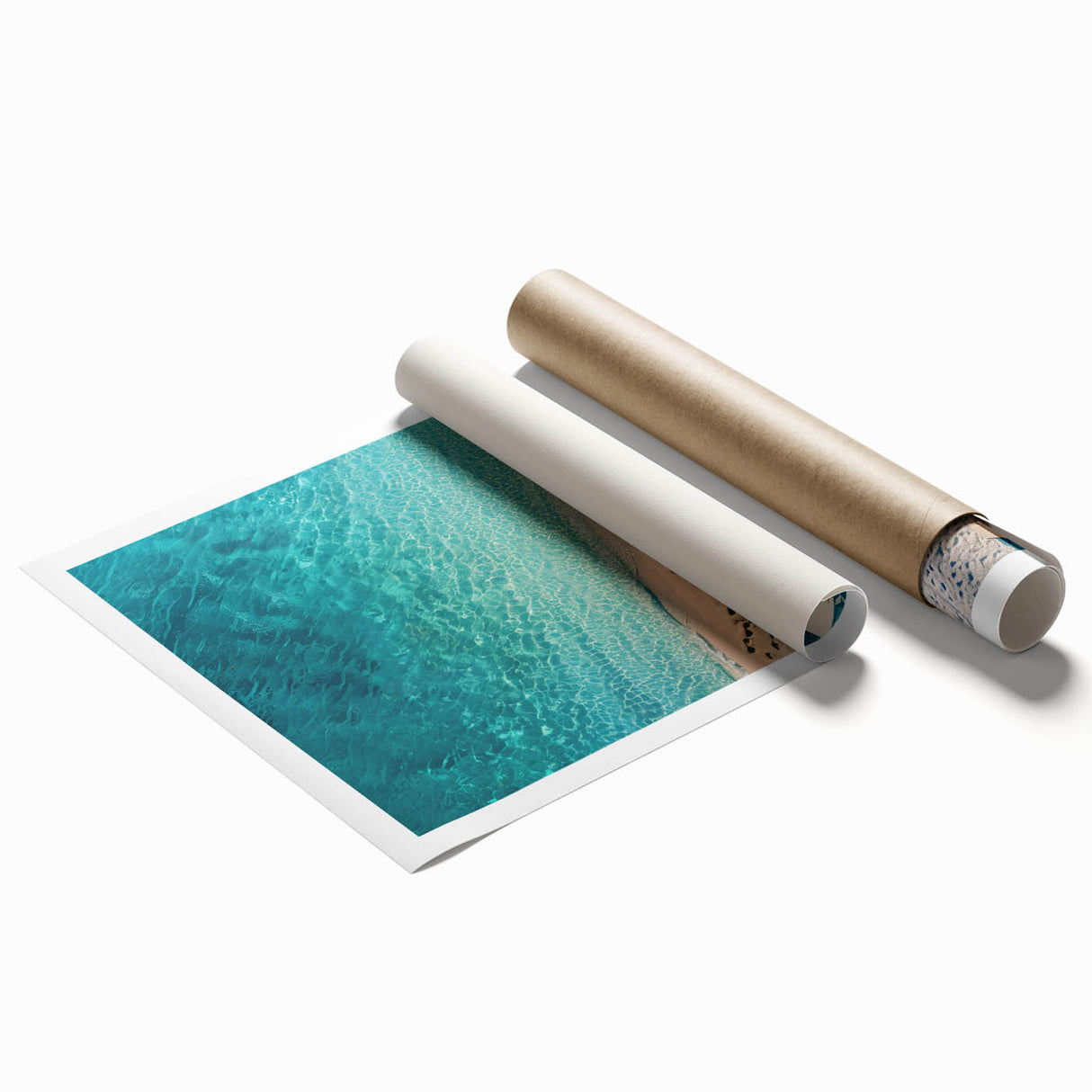 Vibrant rolled canvas print showcasing a serene beach landscape with soft waves and golden sand, perfect for enhancing home decor and creating a calming atmosphere. Ideal for beach lovers and art enthusiasts looking to elevate their space.