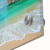 Close-up of vibrant beach landscape wall art design, showcasing colorful acrylic glass with intricate details, perfect for modern home decor.