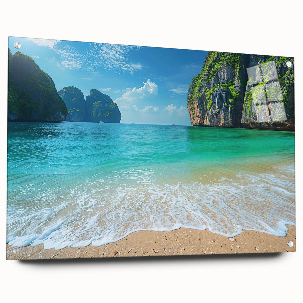 Acrylic glass wall art collection showcasing a vibrant beach landscape design, framed with pins for easy display. Perfect for coastal-themed decor.