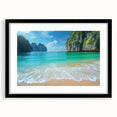 Black framed wall art showcasing a serene beach landscape with vibrant colors, designed for elegant home decor, enhancing any room's aesthetic appeal.