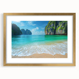 Elegant framed wall art showcasing a serene beach landscape with vibrant colors and a gold mat. Perfect for adding a coastal touch to home decor.
