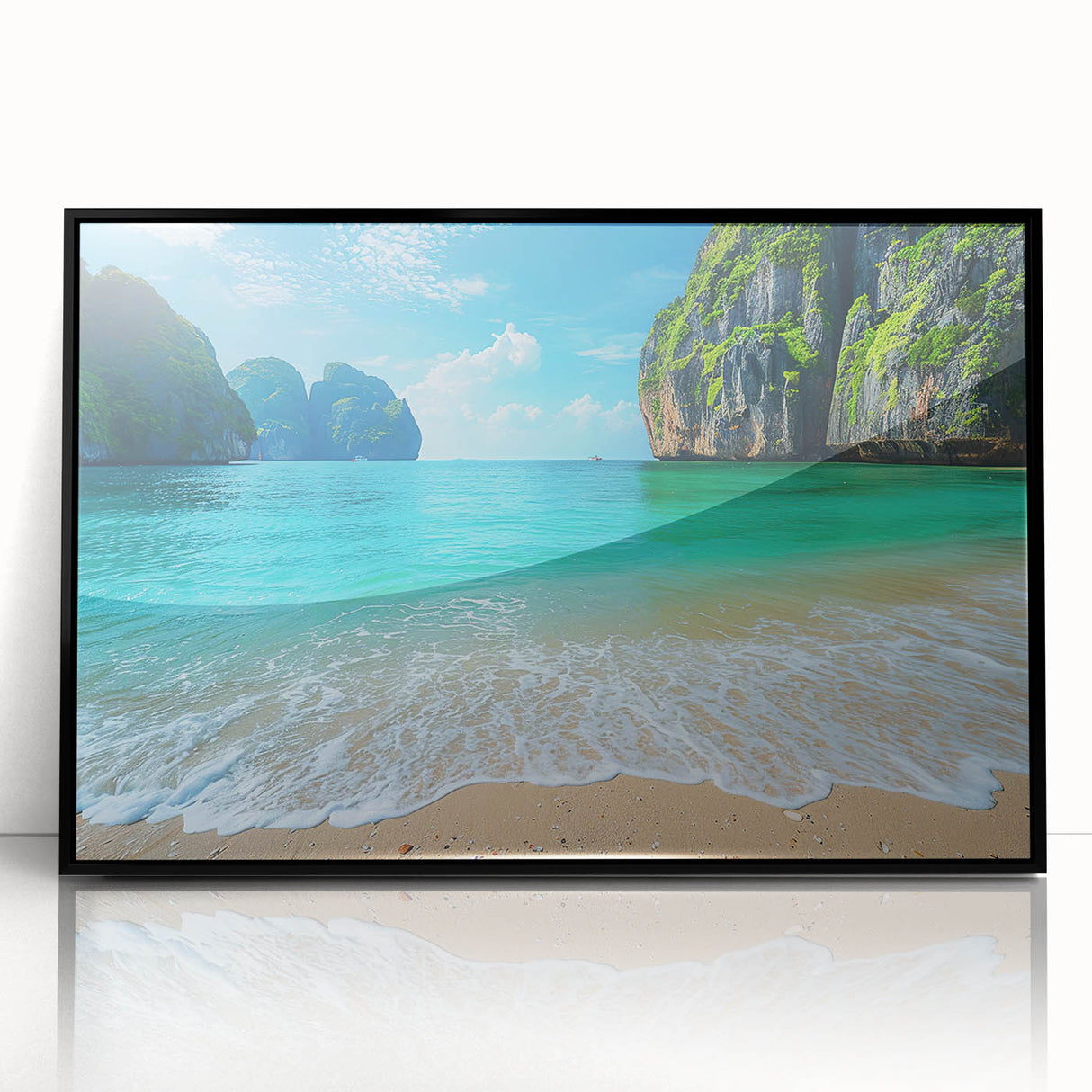 Framed wall art featuring a serene beach landscape design with vibrant colors, presented in a sleek black frame, ideal for enhancing home decor aesthetics.