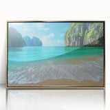 Framed wall art showcasing a vibrant beach landscape design with gold accents, perfect for home decor. The acrylic finish enhances colors and adds elegance.