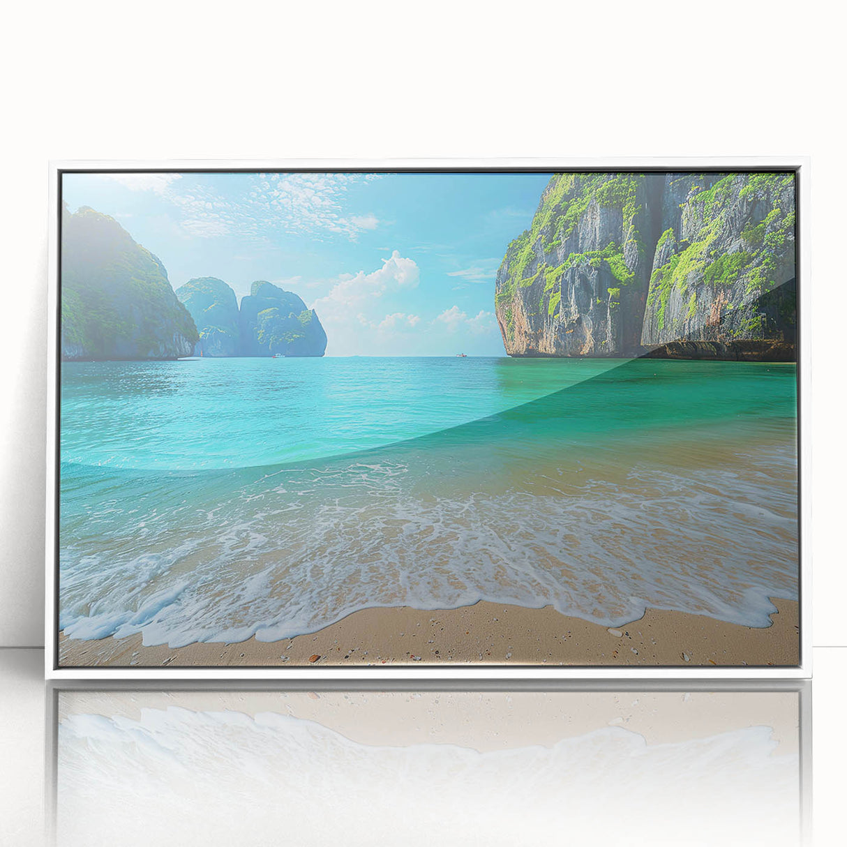 Framed wall art showcasing a serene beach landscape design with vibrant colors, set in a white frame that enhances the coastal aesthetic. Perfect for home decor.
