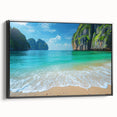 Framed canvas wall art depicting a serene beach landscape, featuring vibrant colors and detailed textures, presented in a sleek black frame, perfect for home decor.