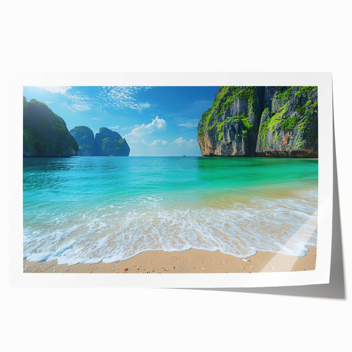 Vibrant landscape wall art print showcasing a serene beach scene with soft waves and golden sands, ideal for home decor. Features rich colors and intricate details, rolled for easy display or framing.