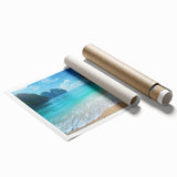 Vibrant rolled print of a serene beach landscape, showcasing turquoise waters and golden sands, perfect for coastal-themed decor and relaxation.