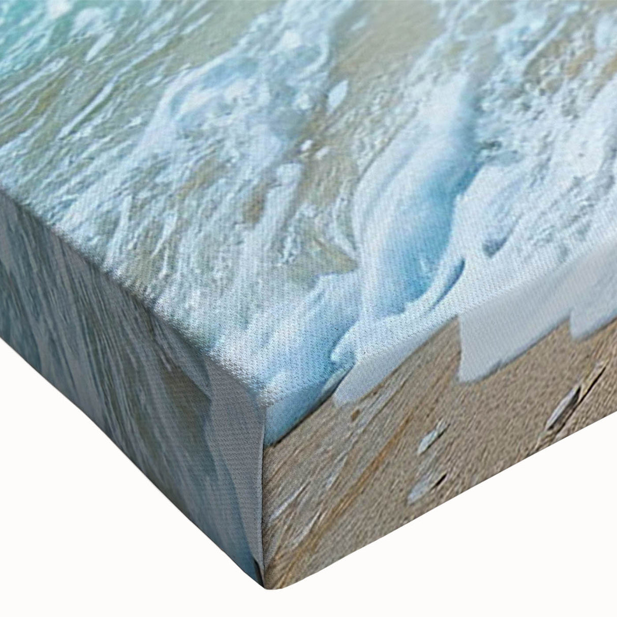 Close-up of a stretched canvas wall art piece showcasing a vibrant beach landscape design with vivid blue skies and golden sands, ideal for home decor.
