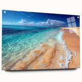 Acrylic glass wall art collection showcasing a vibrant beach landscape design, displayed from the side with decorative pins, ideal for home decor and coastal themes. The vivid colors and intricate details enhance any living space.