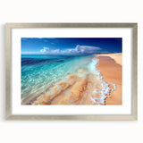 Framed wall art featuring a serene beach landscape design in a silver frame with a mat, perfect for enhancing home decor with a coastal vibe.