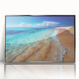 Framed acrylic wall art collection showcasing a serene beach landscape with vibrant colors, silver frame, and modern design, perfect for enhancing home decor.