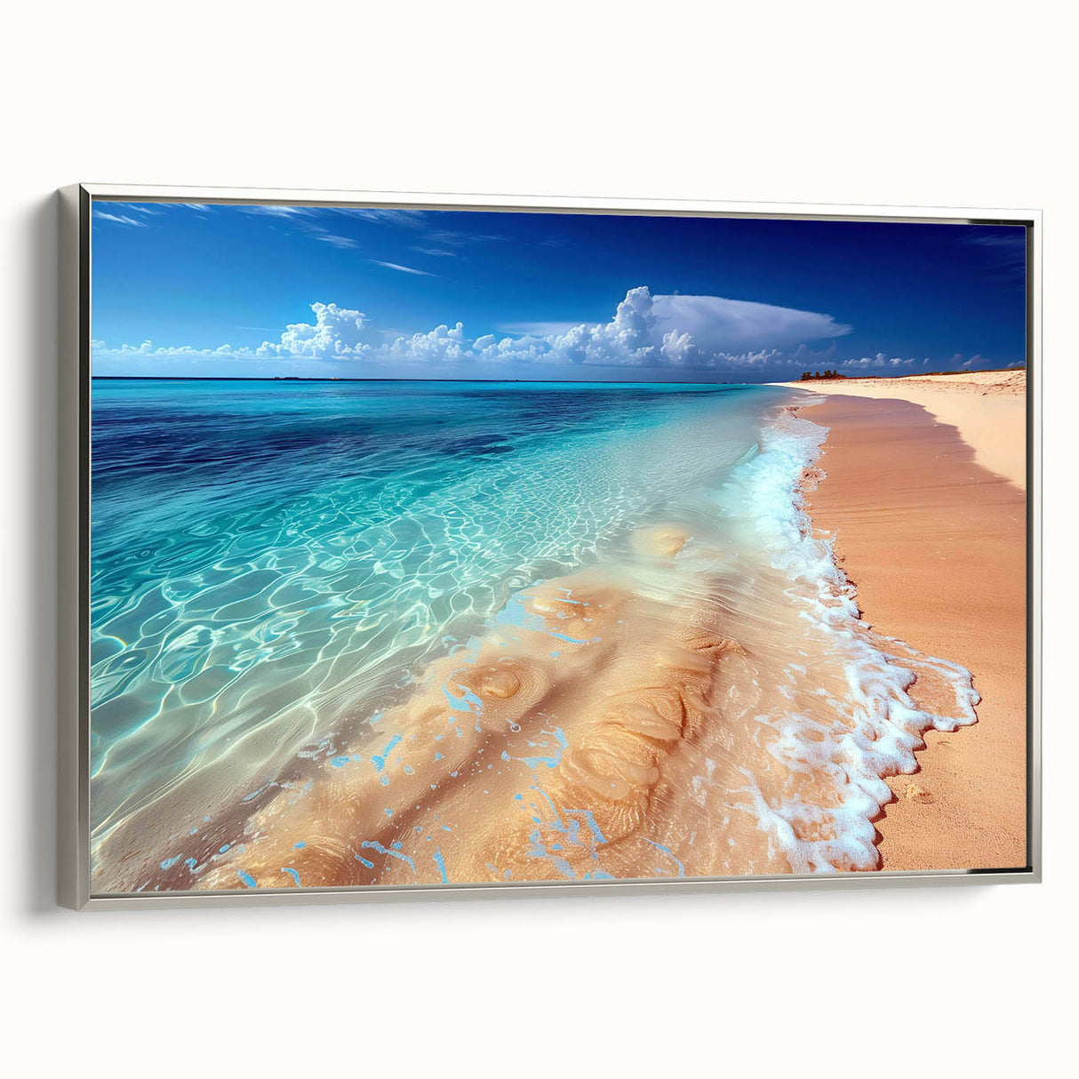 Framed canvas wall art showcasing a serene beach landscape in soft pastel colors, designed to enhance home decor with a modern silver frame.