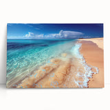 Stretched canvas wall art showcasing a serene beach landscape with vibrant colors, perfect for adding a coastal vibe to home decor. Ideal for beach-themed interiors or relaxation spaces.
