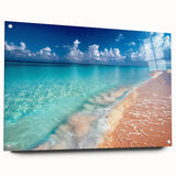 Acrylic glass wall art collection showcasing a vibrant beach landscape design, viewed from the side, featuring mounting pins for easy display. Perfect for adding a coastal aesthetic to home decor.