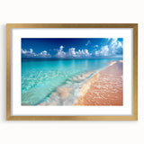 Framed wall art collection showcasing a serene beach landscape with golden matting, perfect for home decor, evoking tranquility and elegance.