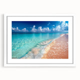 Framed wall art showcasing a serene beach landscape design, featuring soft blue and sandy beige tones, with a white mat and sleek frame, perfect for home decor.