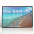 Framed acrylic wall art featuring a serene beach landscape with vibrant colors, showcasing a peaceful sunset over the ocean, ideal for home decor.